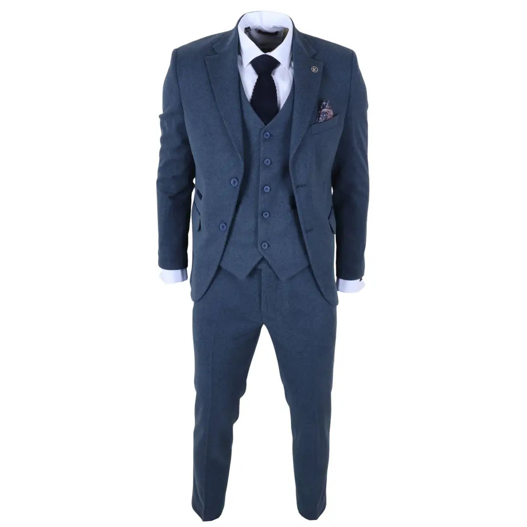 IM40 - Traje de tres piezas de tweed con estampado de espiga azul marino para hombre