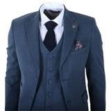 IM40 - Traje de tres piezas de tweed con estampado de espiga azul marino para hombre