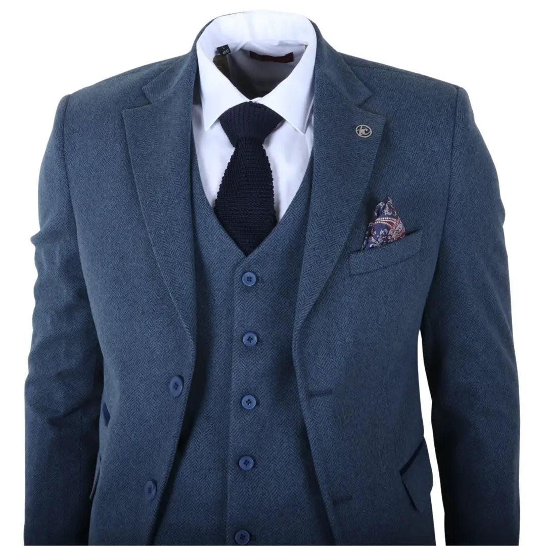 IM40 - Traje de tres piezas de tweed con estampado de espiga azul marino para hombre