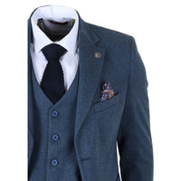 IM40 - Traje de tres piezas de tweed con estampado de espiga azul marino para hombre