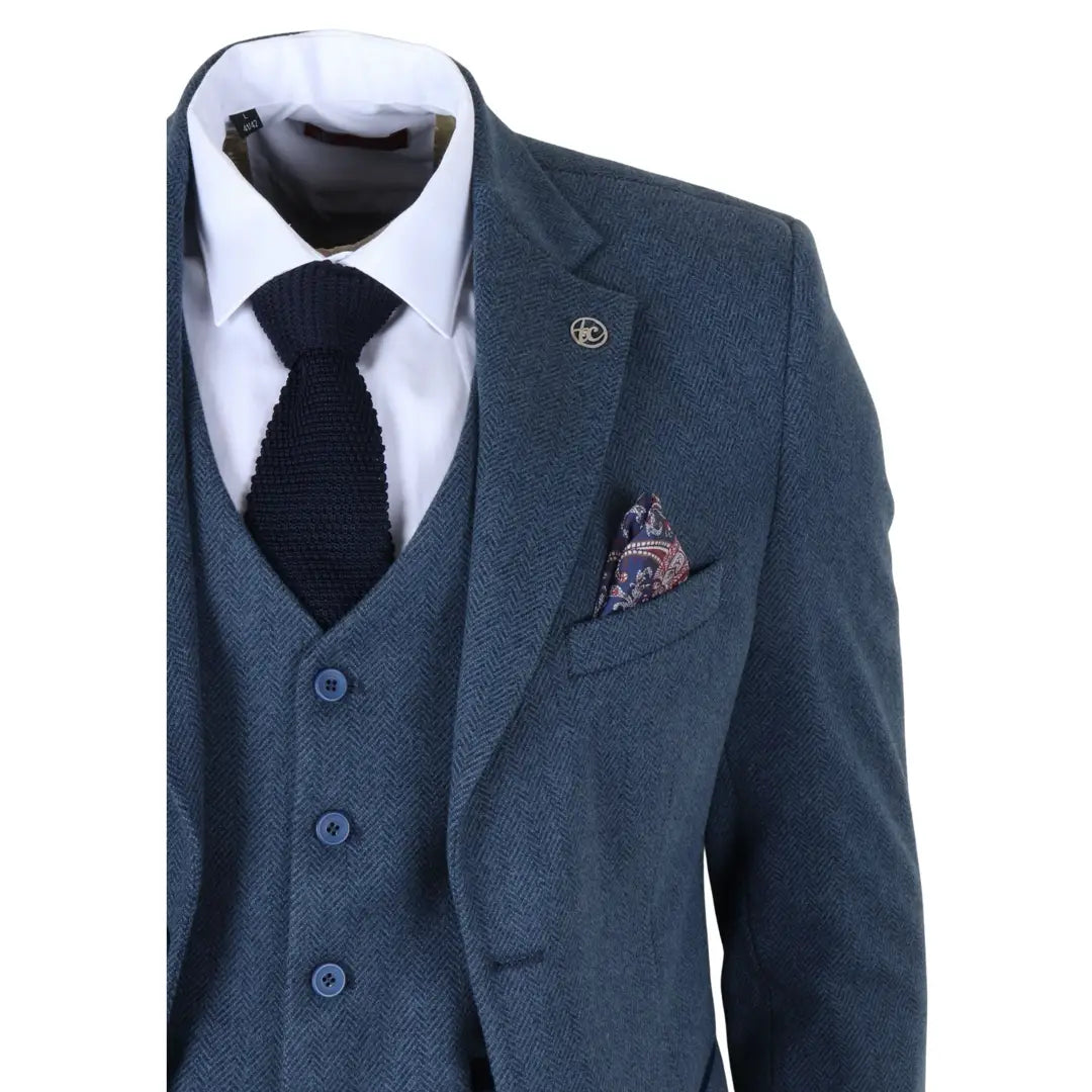 IM40 - Traje de tres piezas de tweed con estampado de espiga azul marino para hombre