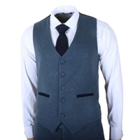 IM40 - Traje de tres piezas de tweed con estampado de espiga azul marino para hombre