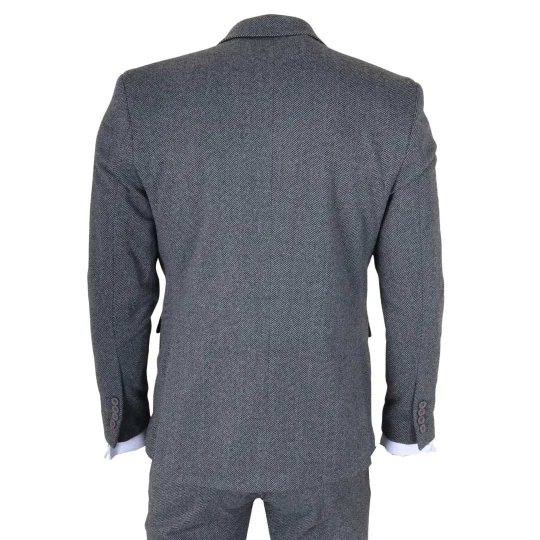 IM41 - Traje de tres piezas de tweed con estampado de espiga gris para hombre