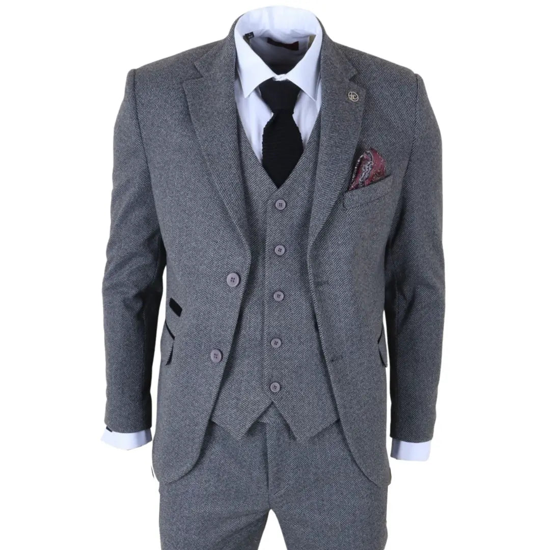 IM41 - Traje de tres piezas de tweed con estampado de espiga gris para hombre