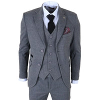 IM41 - Traje de tres piezas de tweed con estampado de espiga gris para hombre