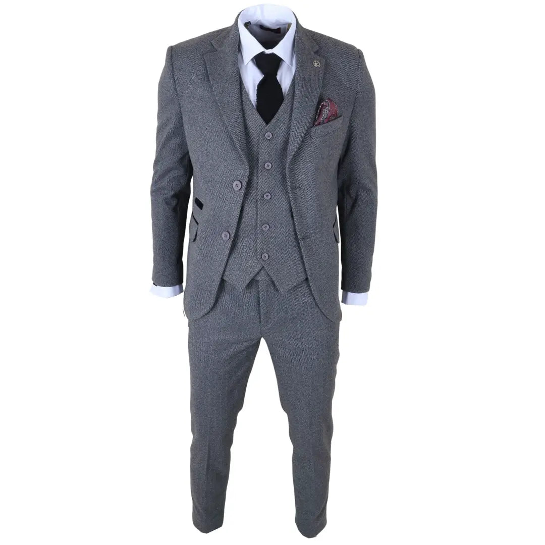 IM41 - Traje de tres piezas de tweed con estampado de espiga gris para hombre