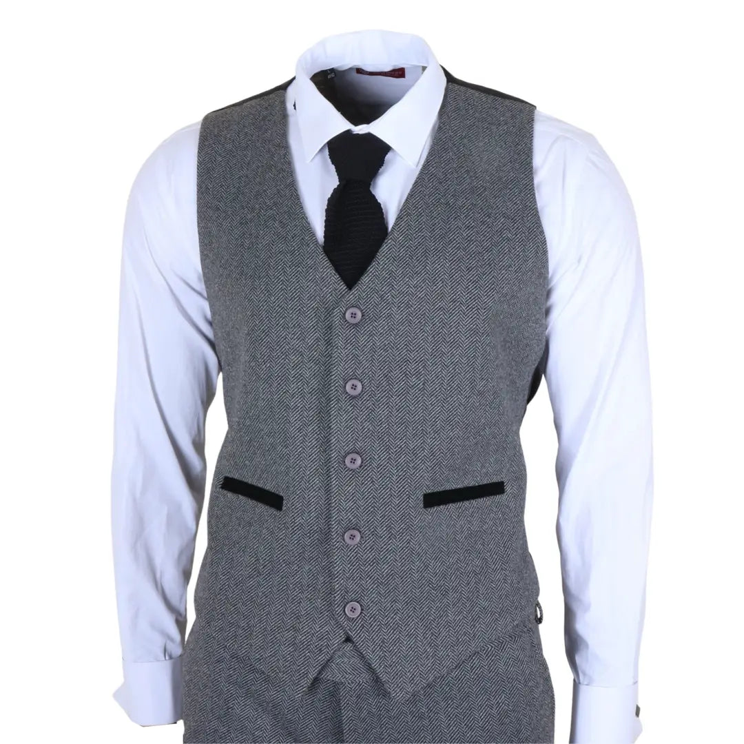 IM41 - Traje de tres piezas de tweed con estampado de espiga gris para hombre