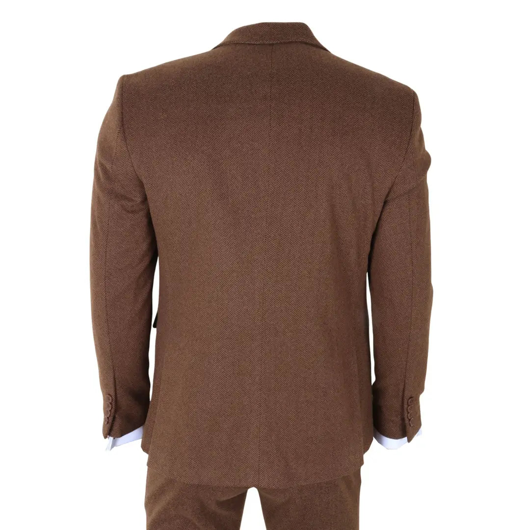 IM42 - Traje de tres piezas de tweed de espiga marrón para hombre