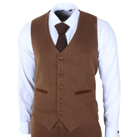 IM42 - Traje de tres piezas de tweed de espiga marrón para hombre
