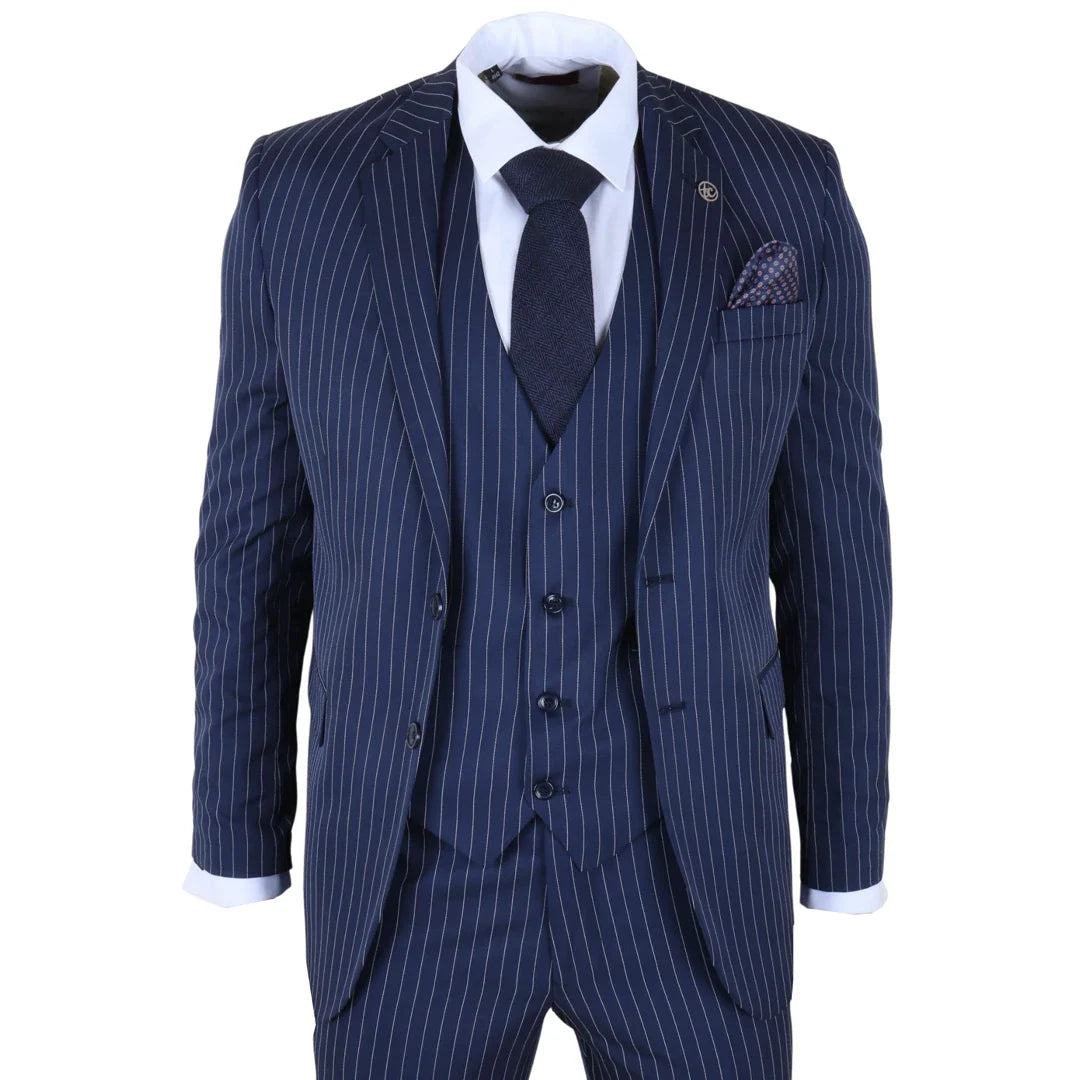 IM43 - Traje de hombre de tres piezas azul marino estilo Shelby con raya diplomática.