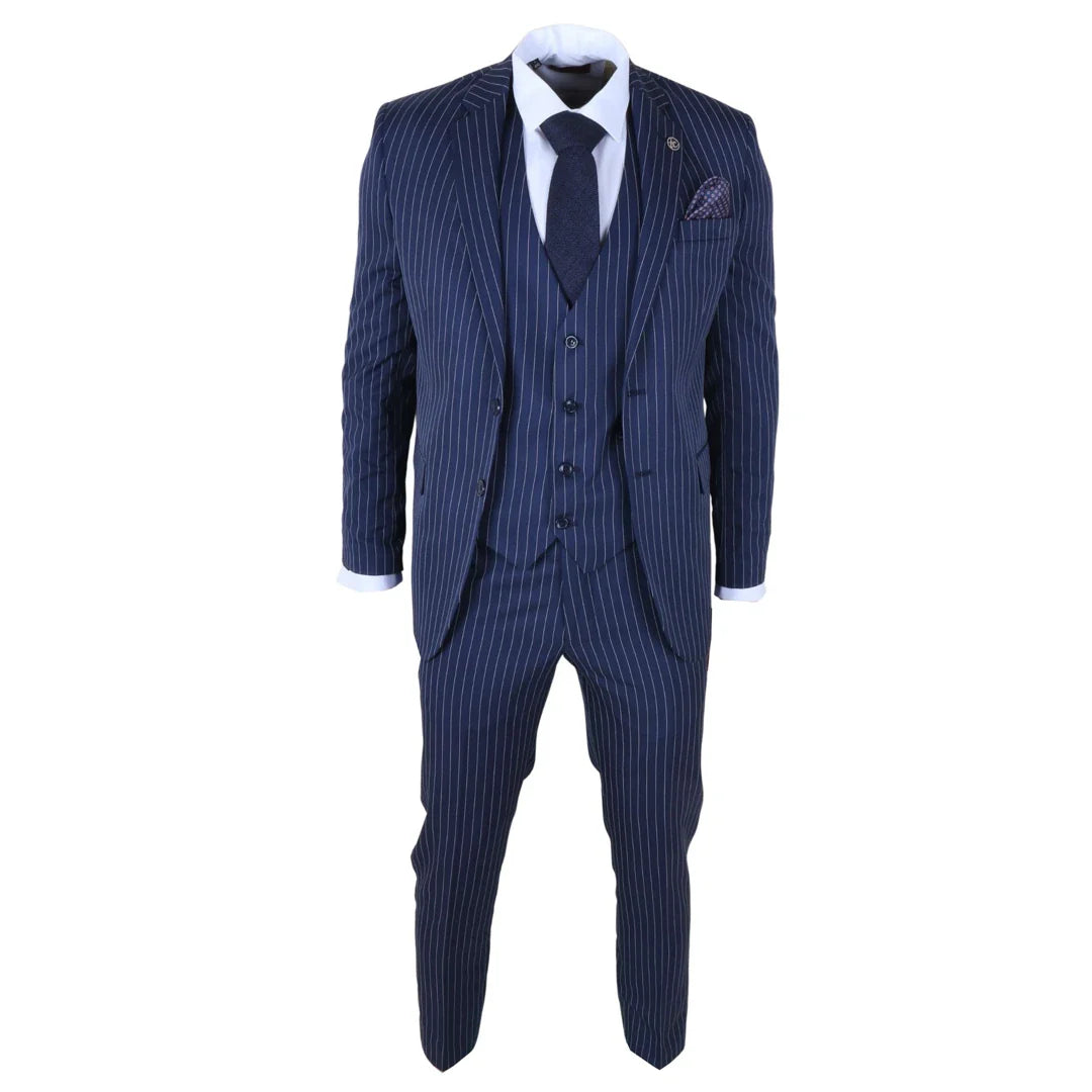 IM43 - Traje de hombre de tres piezas azul marino estilo Shelby con raya diplomática.