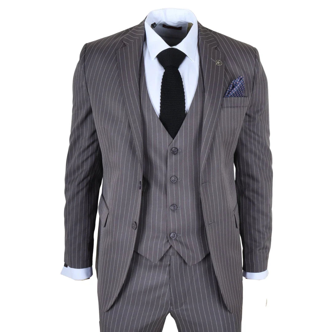 IM44 - Traje gris de tres piezas para hombre con raya diplomática, estilo Shelby
