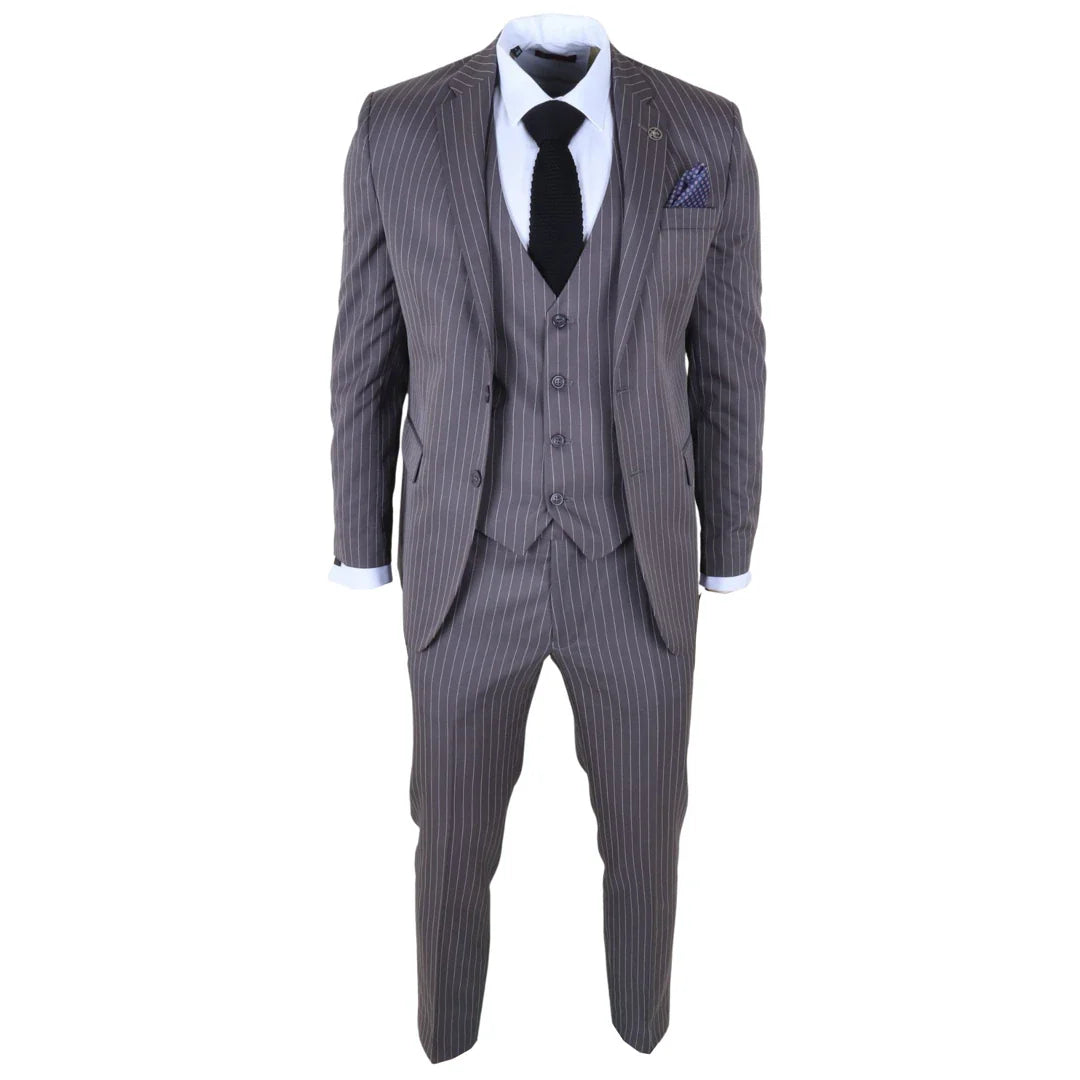 IM44 - Traje gris de tres piezas para hombre con raya diplomática, estilo Shelby