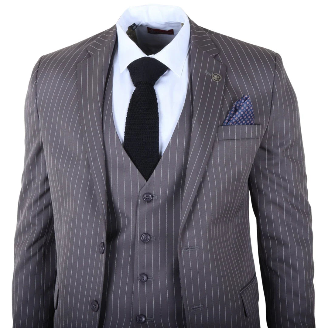 IM44 - Traje gris de tres piezas para hombre con raya diplomática, estilo Shelby