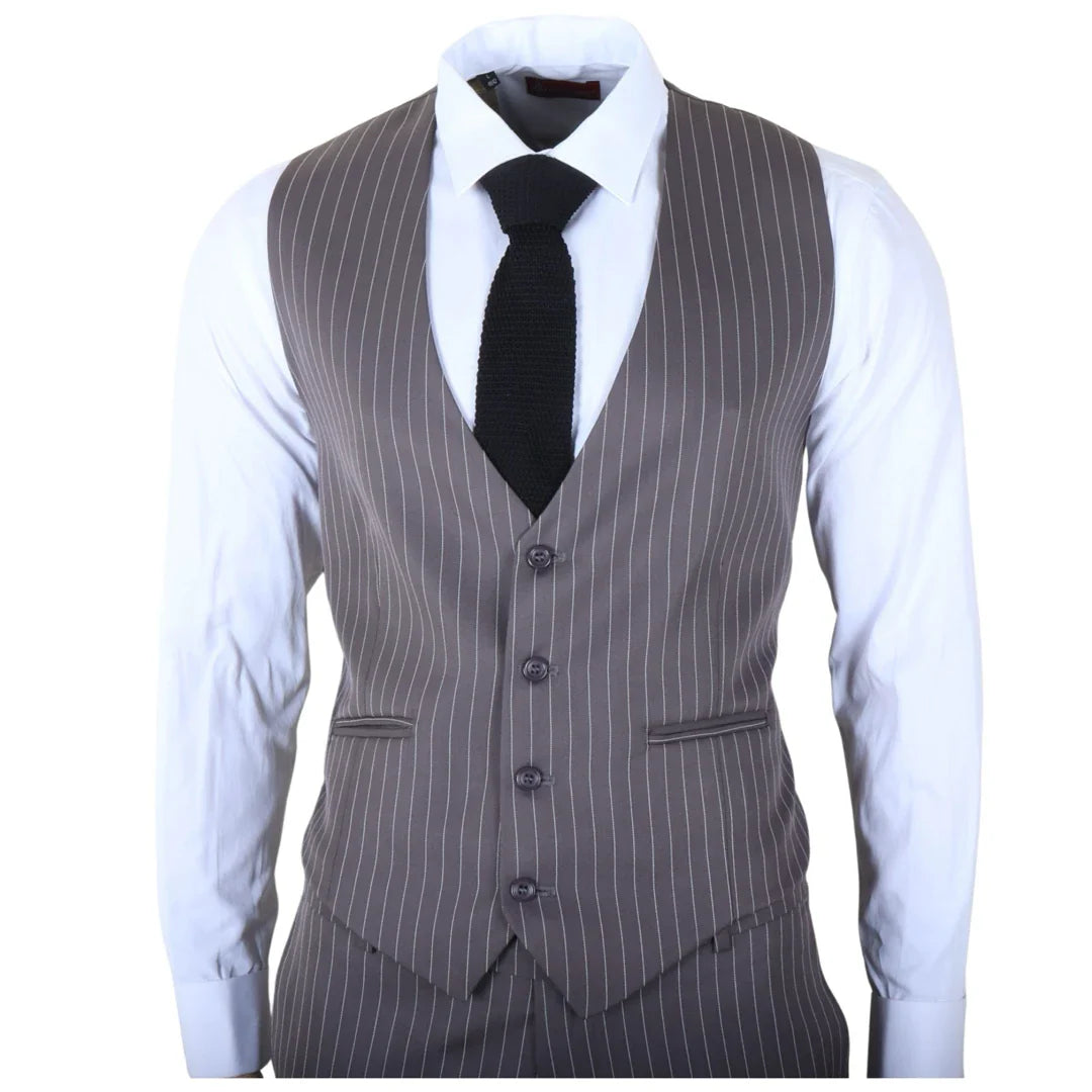 IM44 - Traje gris de tres piezas para hombre con raya diplomática, estilo Shelby