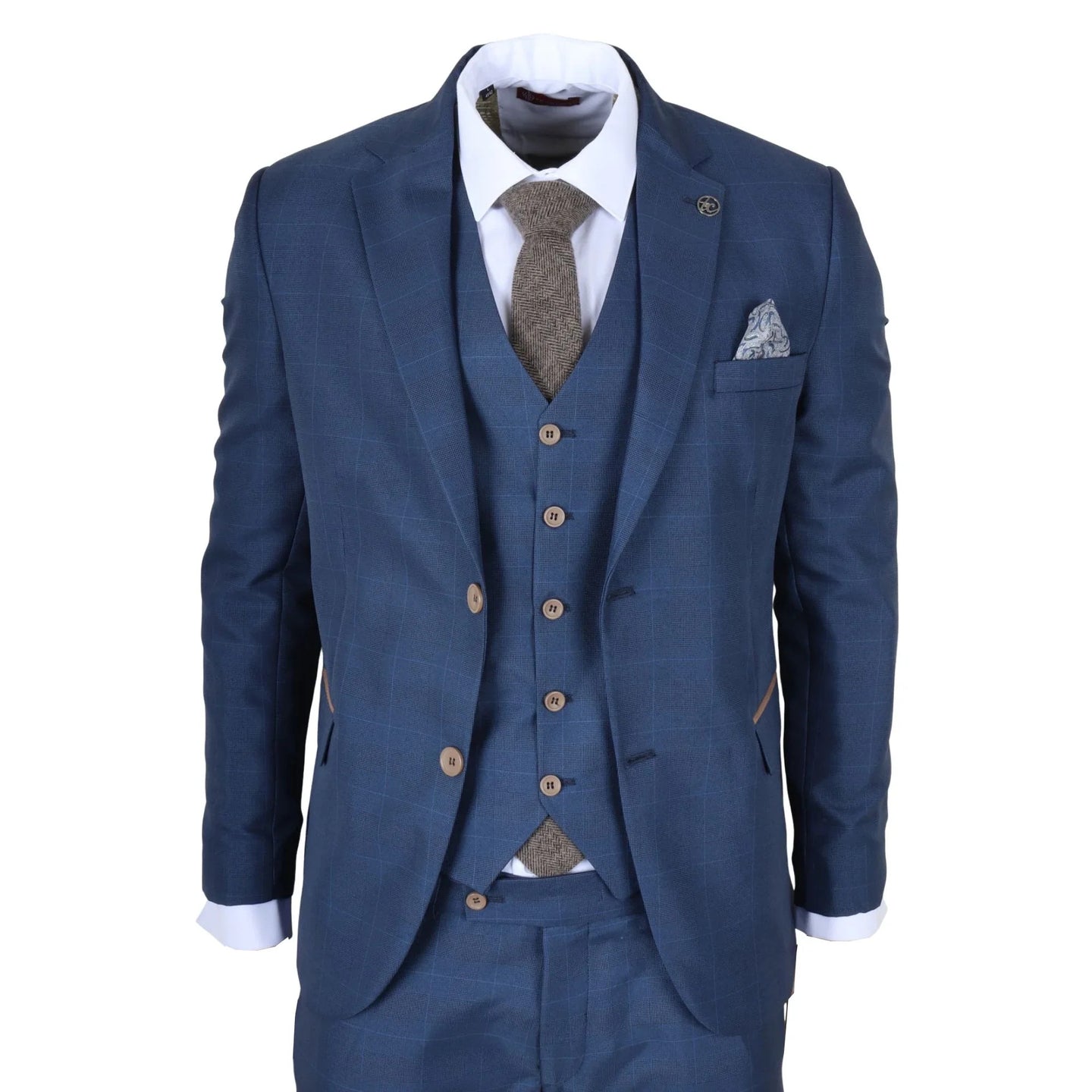 IM50 - Traje de tres piezas a cuadros azules para hombre, corte entallado