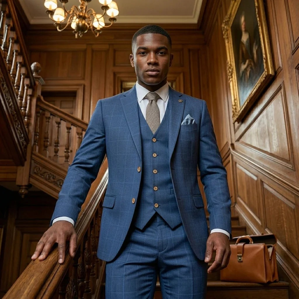 IM50 - Traje de tres piezas a cuadros azules para hombre, corte entallado