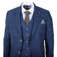IM50 - Traje de tres piezas a cuadros azules para hombre, corte entallado