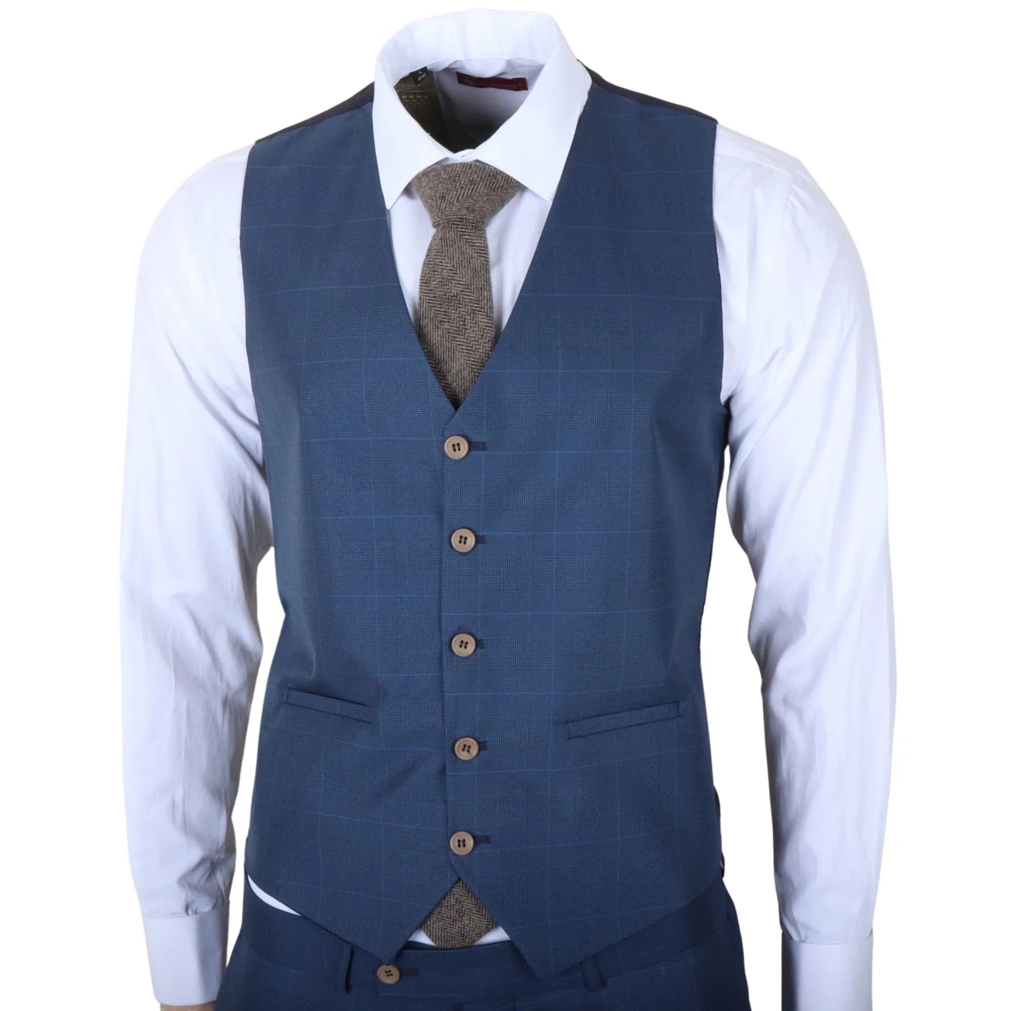IM50 - Traje de tres piezas a cuadros azules para hombre, corte entallado