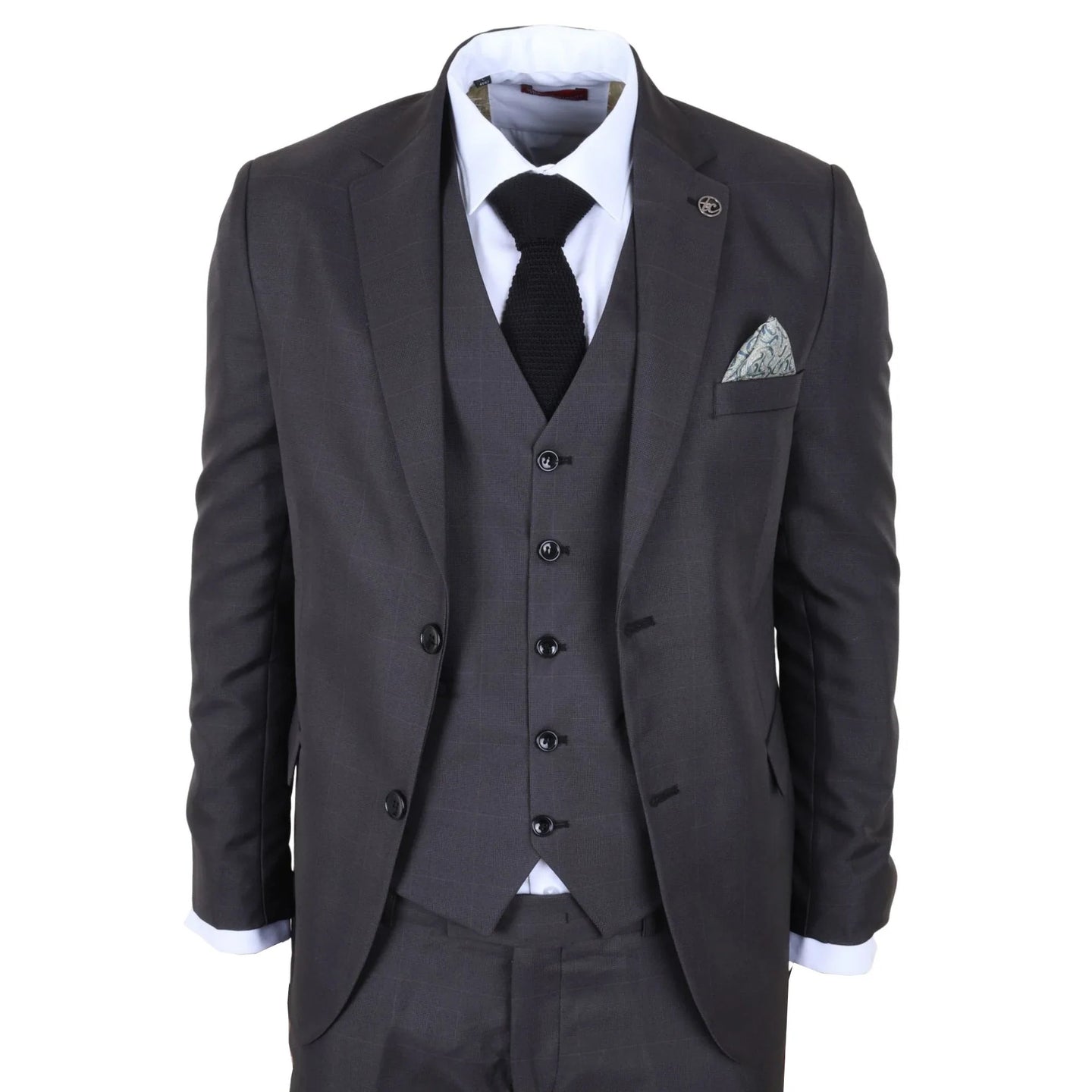 IM51 - Traje de tres piezas a cuadros color carbón para hombre, corte entallado