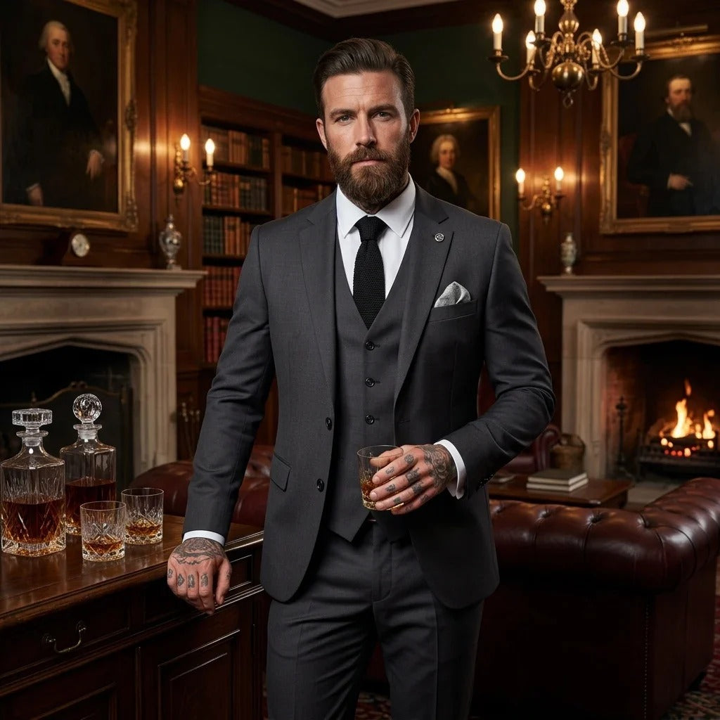 IM51 - Traje de tres piezas a cuadros color carbón para hombre, corte entallado