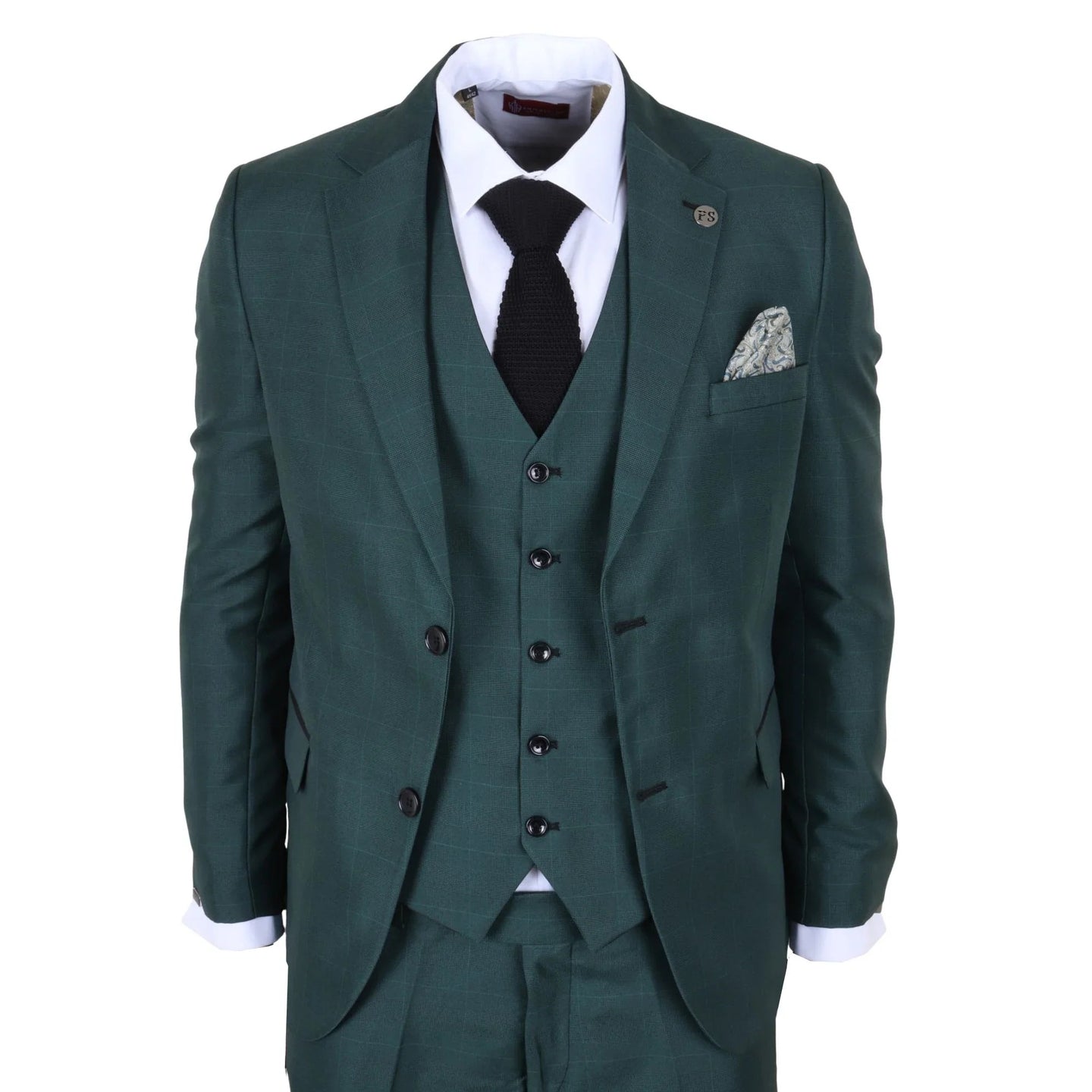 IM52 - Traje de hombre de 3 piezas a cuadros verdes de corte entallado