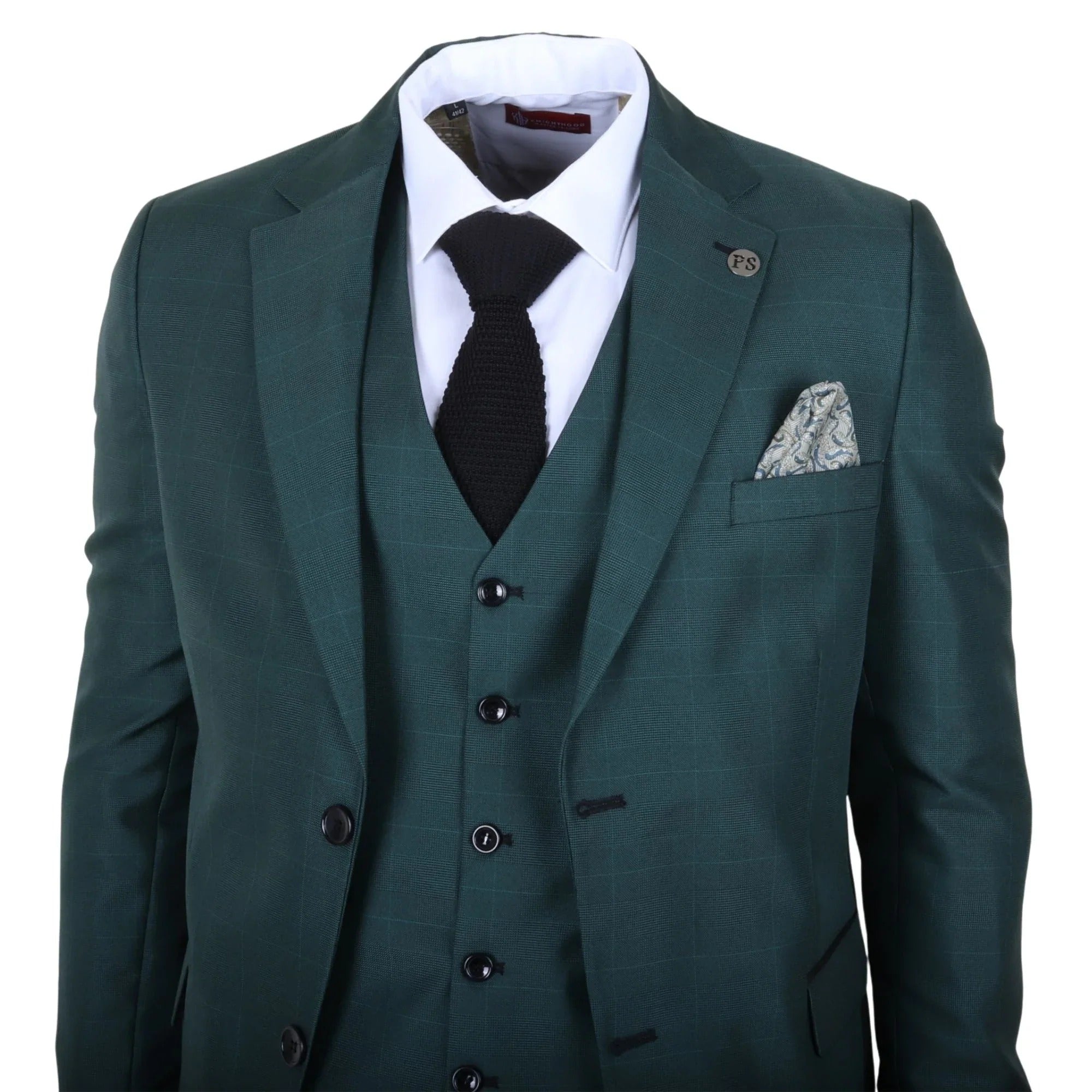 IM52 - Traje de hombre de 3 piezas a cuadros verdes de corte entallado