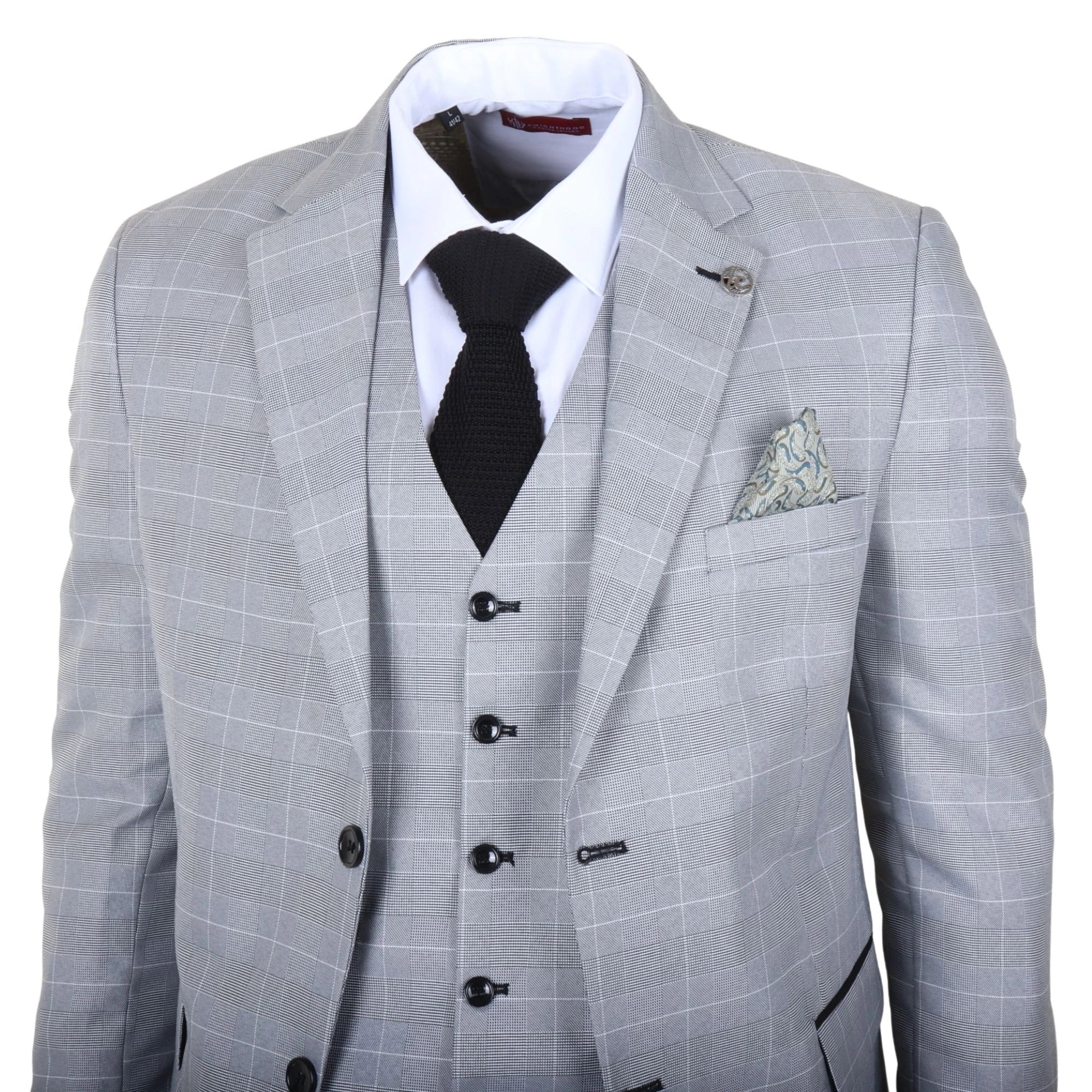 IM53 - Traje de hombre de tres piezas a cuadros grises de corte entallado