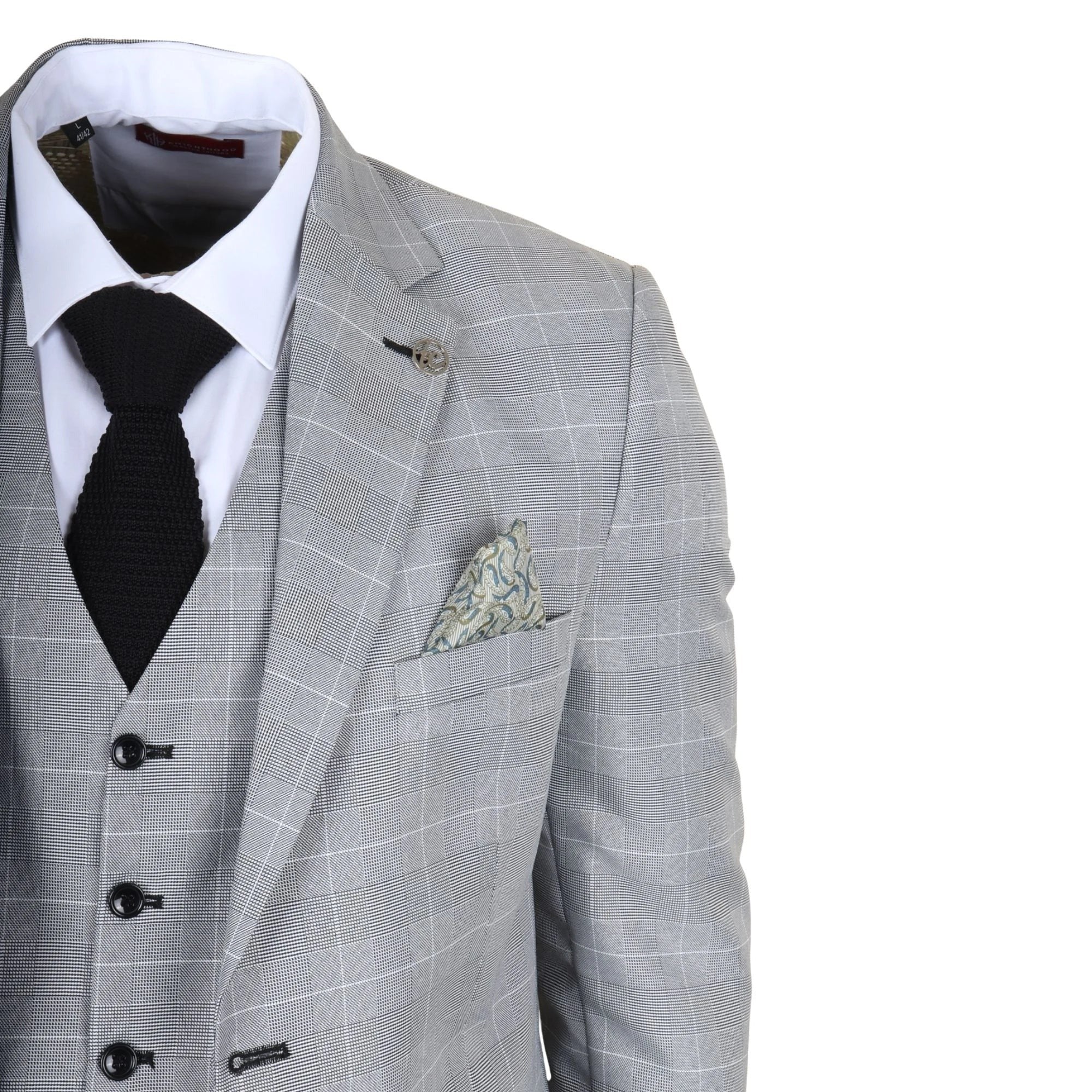 IM53 - Traje de hombre de tres piezas a cuadros grises de corte entallado