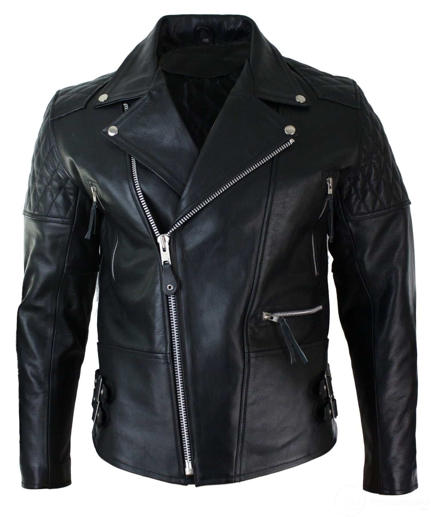 Chaqueta de motociclista para hombre de piel auténtica con cremallera cruzada y acolchado de piel de vaca, color blanco y negro, estilo vintage Brando.