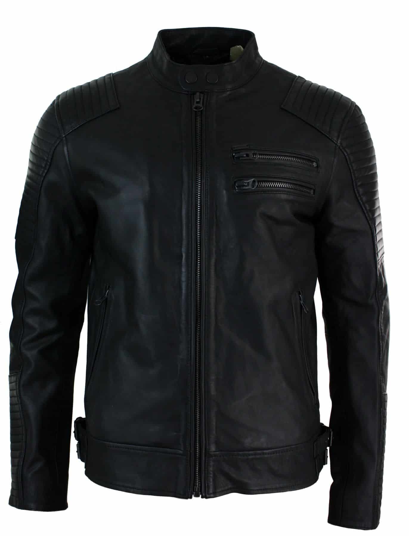 Chaqueta de motociclista corta informal para hombre, de cuero auténtico, corte ajustado, color negro lavado, con cremallera.