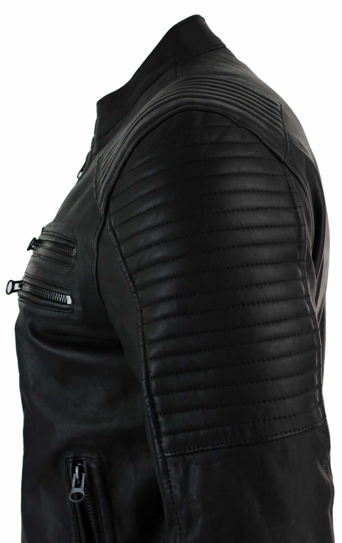 Chaqueta de motociclista corta informal para hombre, de cuero auténtico, corte ajustado, color negro lavado, con cremallera.