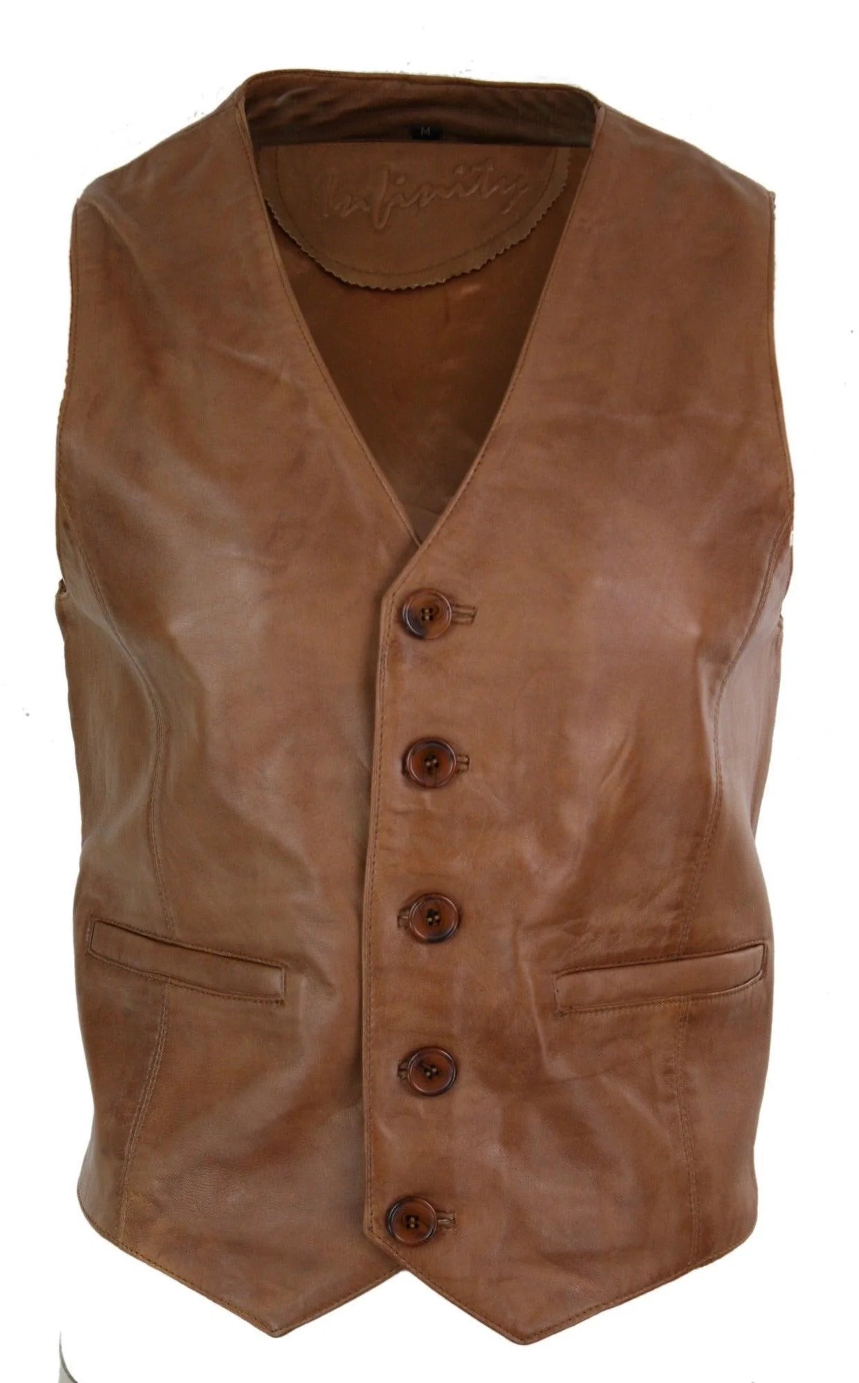 Infinity 153 Napa - Chaleco de cuero auténtico para hombre, estilo clásico vintage retro, color camel.