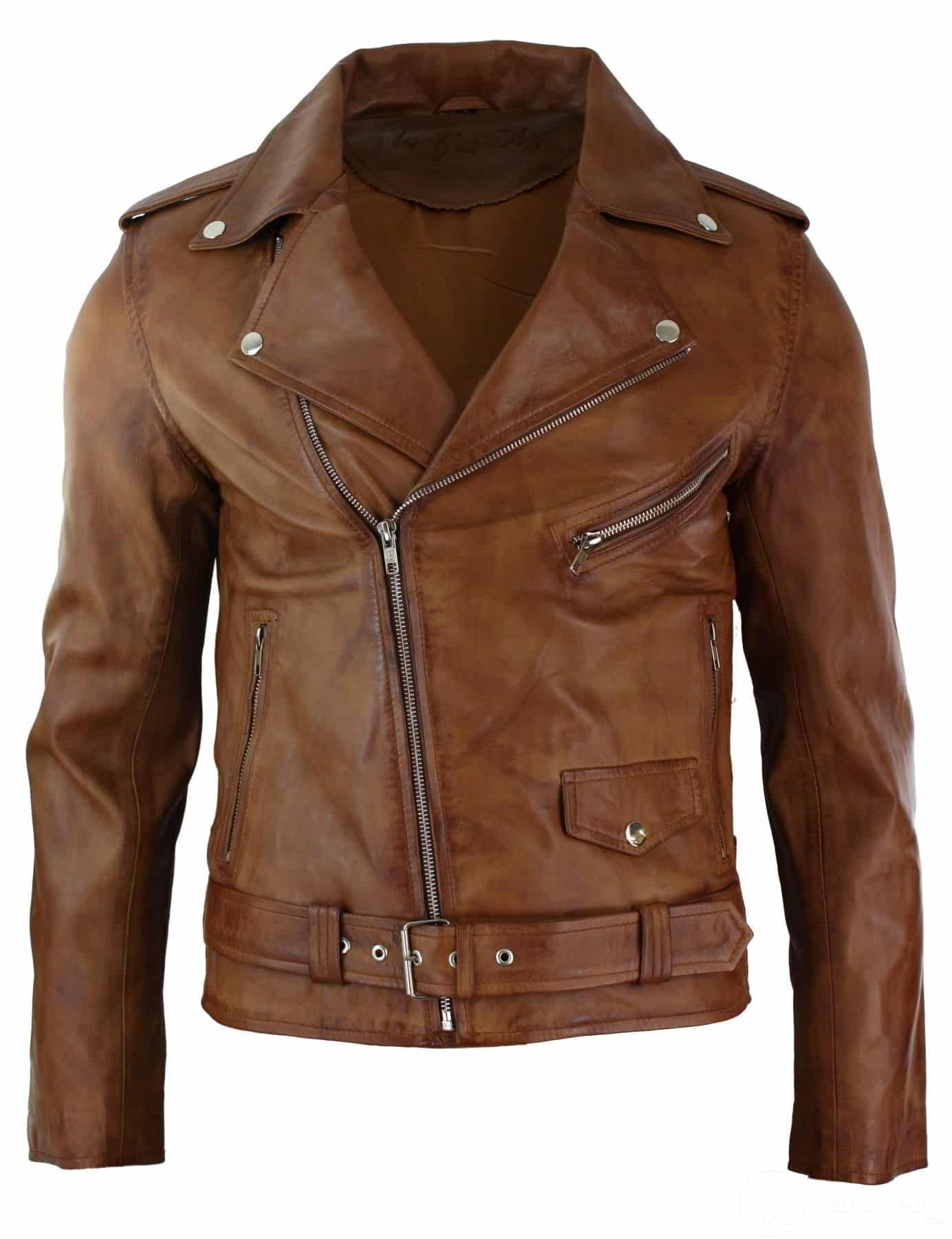 Chaqueta retro vintage Brando para hombre, color verde azulado, corte ajustado, cremallera cruzada, de cuero auténtico.