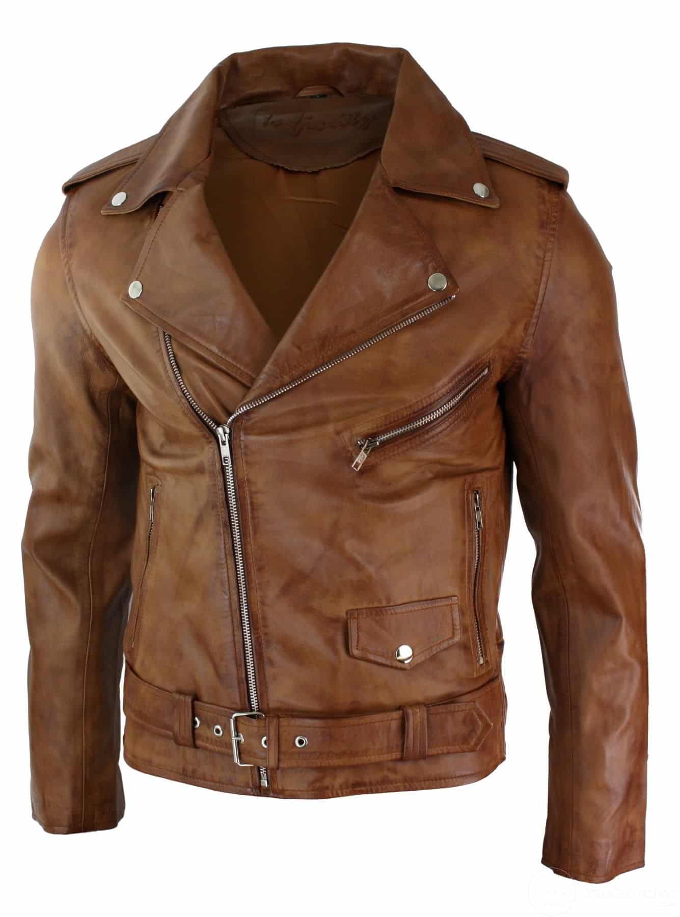 Chaqueta retro vintage Brando para hombre, color verde azulado, corte ajustado, cremallera cruzada, de cuero auténtico.