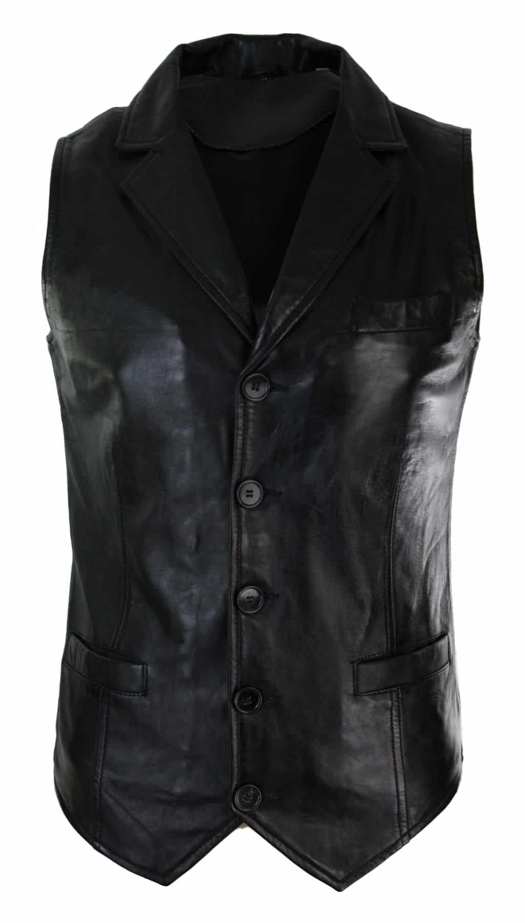 Chaleco elegante informal de cuero auténtico para hombre, color marrón claro y negro, estilo vintage retro-negro.