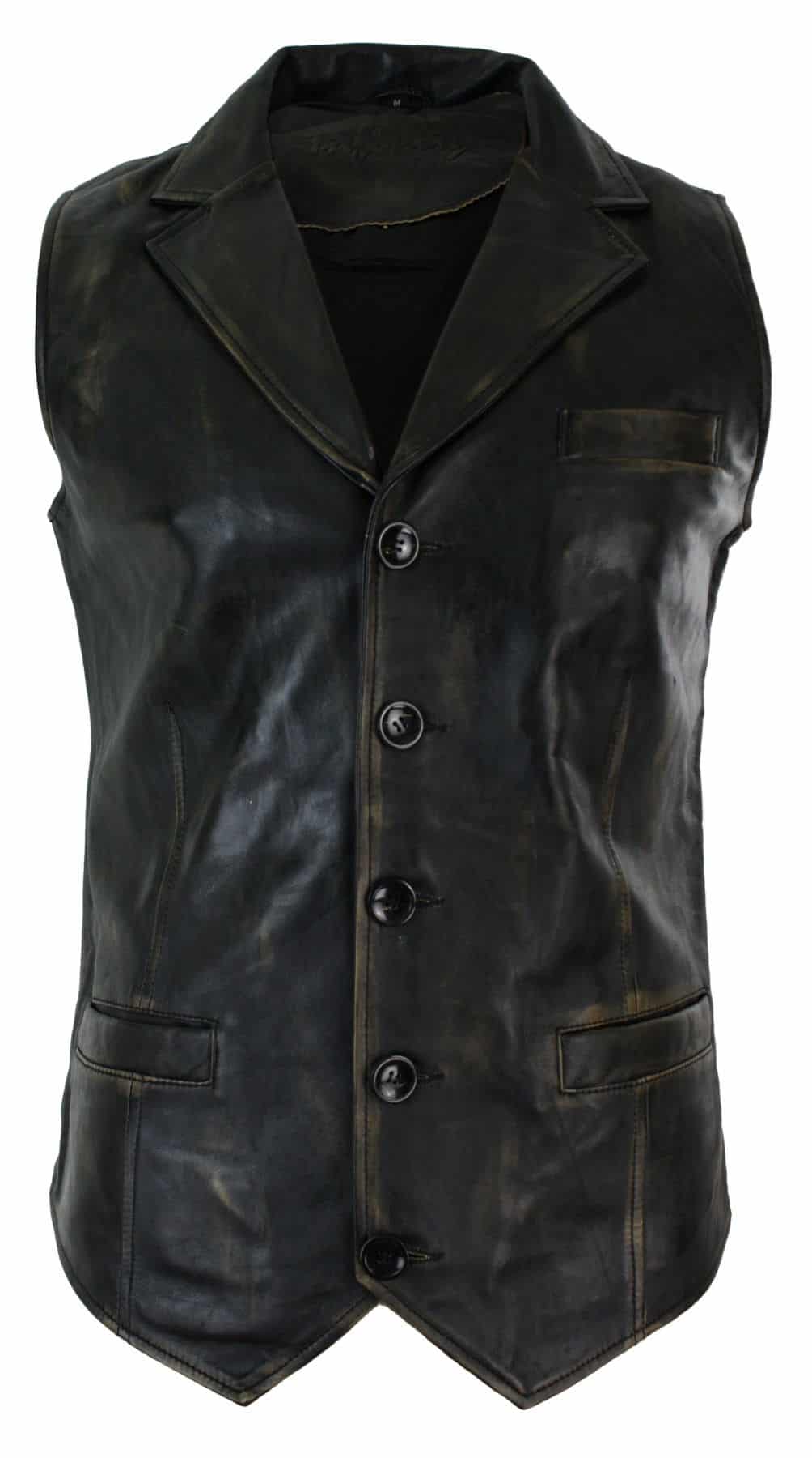 Chaleco elegante informal de cuero auténtico para hombre, color marrón claro y negro, estilo vintage retro-marrón.