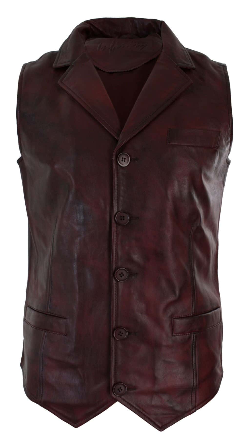 Chaleco de cuero auténtico para hombre, color marrón claro, negro, elegante e informal, estilo vintage retro-burdeos.