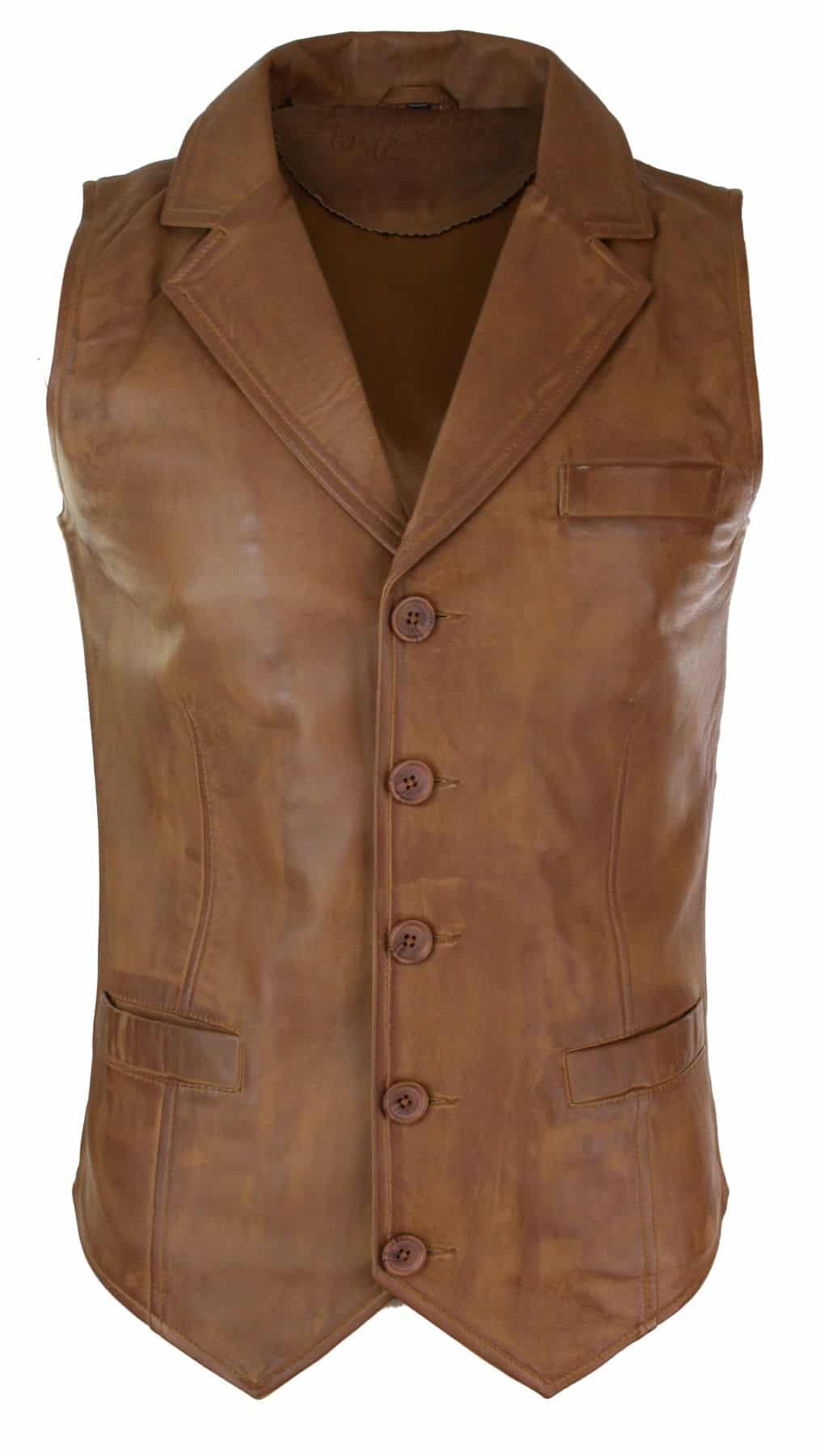 Chaleco de cuero auténtico para hombre, color marrón claro y negro, estilo vintage retro-marrón claro.