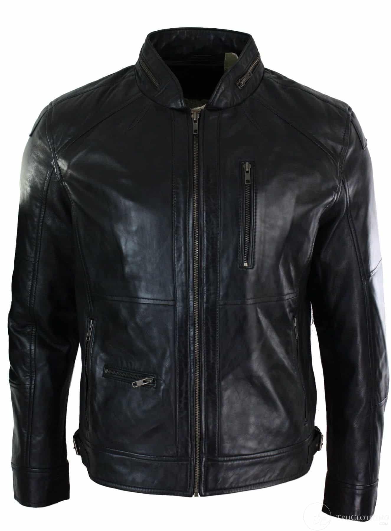 Chaqueta de cuero auténtico con cremallera, estilo motero, elegante e informal para hombre, color negro, marrón y verde oliva.