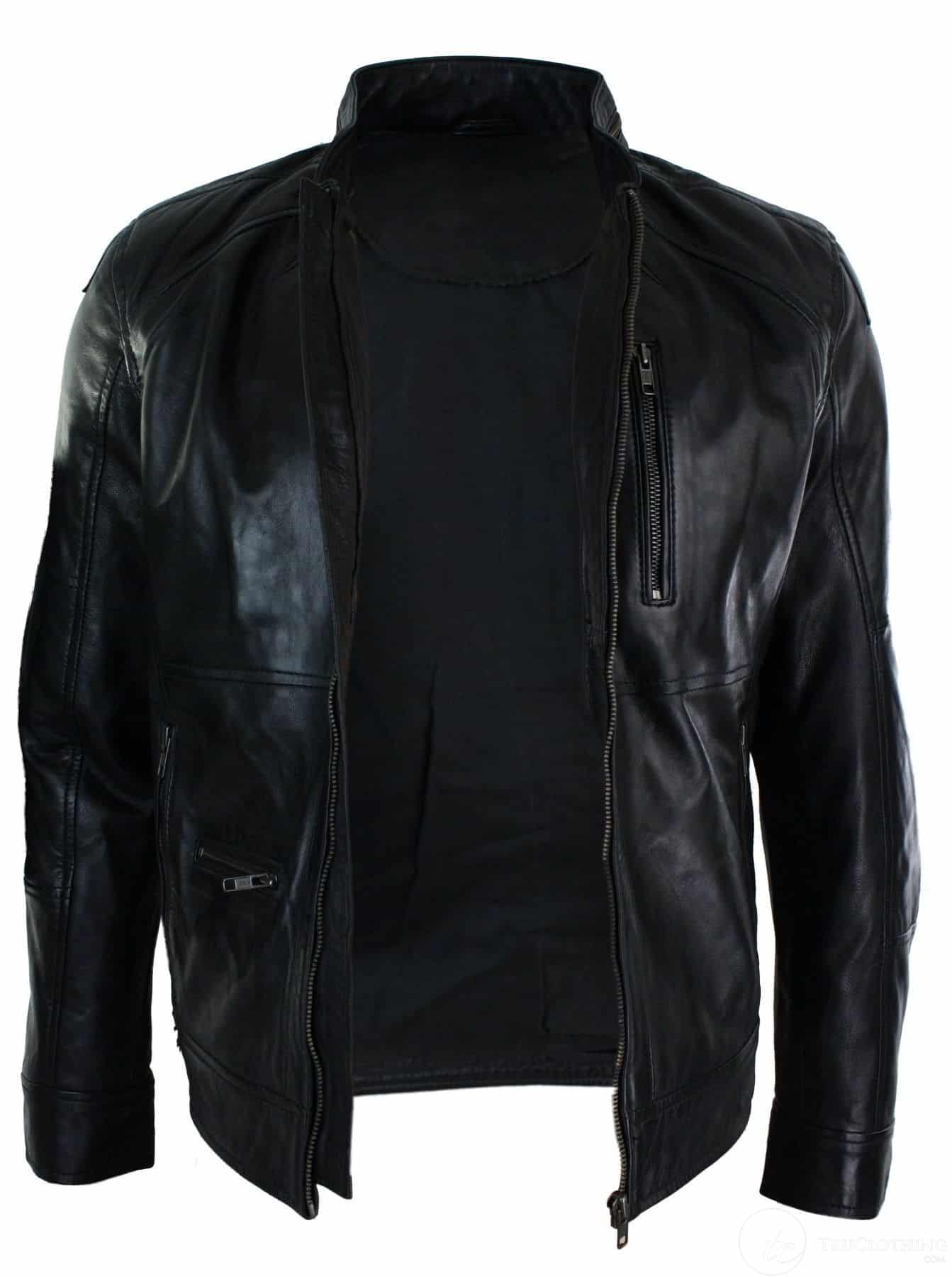 Chaqueta de cuero auténtico con cremallera, estilo motero, elegante e informal para hombre, color negro, marrón y verde oliva.