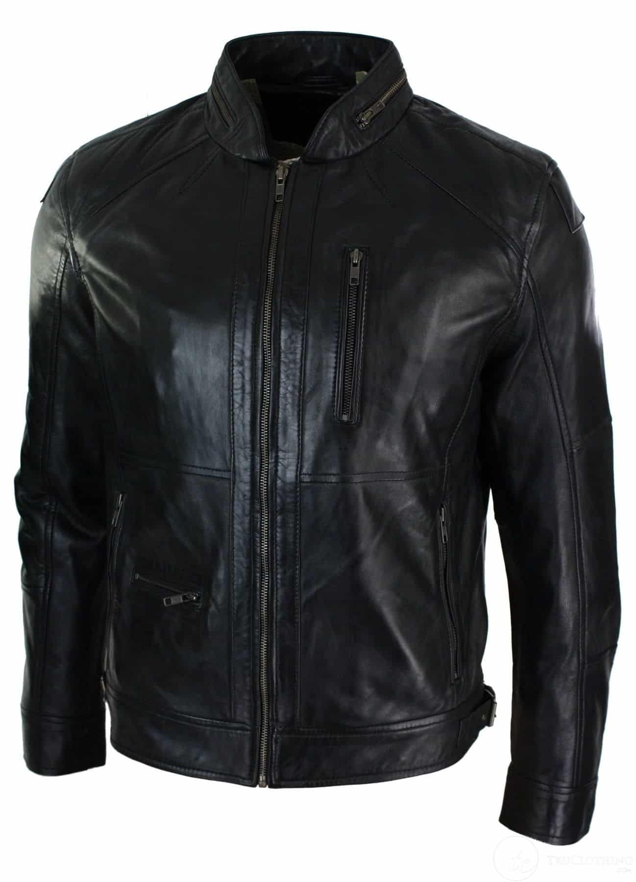 Chaqueta de cuero auténtico con cremallera, estilo motero, elegante e informal para hombre, color negro, marrón y verde oliva.