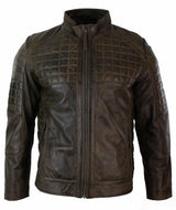 Chaqueta de motorista para hombre de cuero auténtico, corte entallado, con cremallera y costuras de diseño - Marrón
