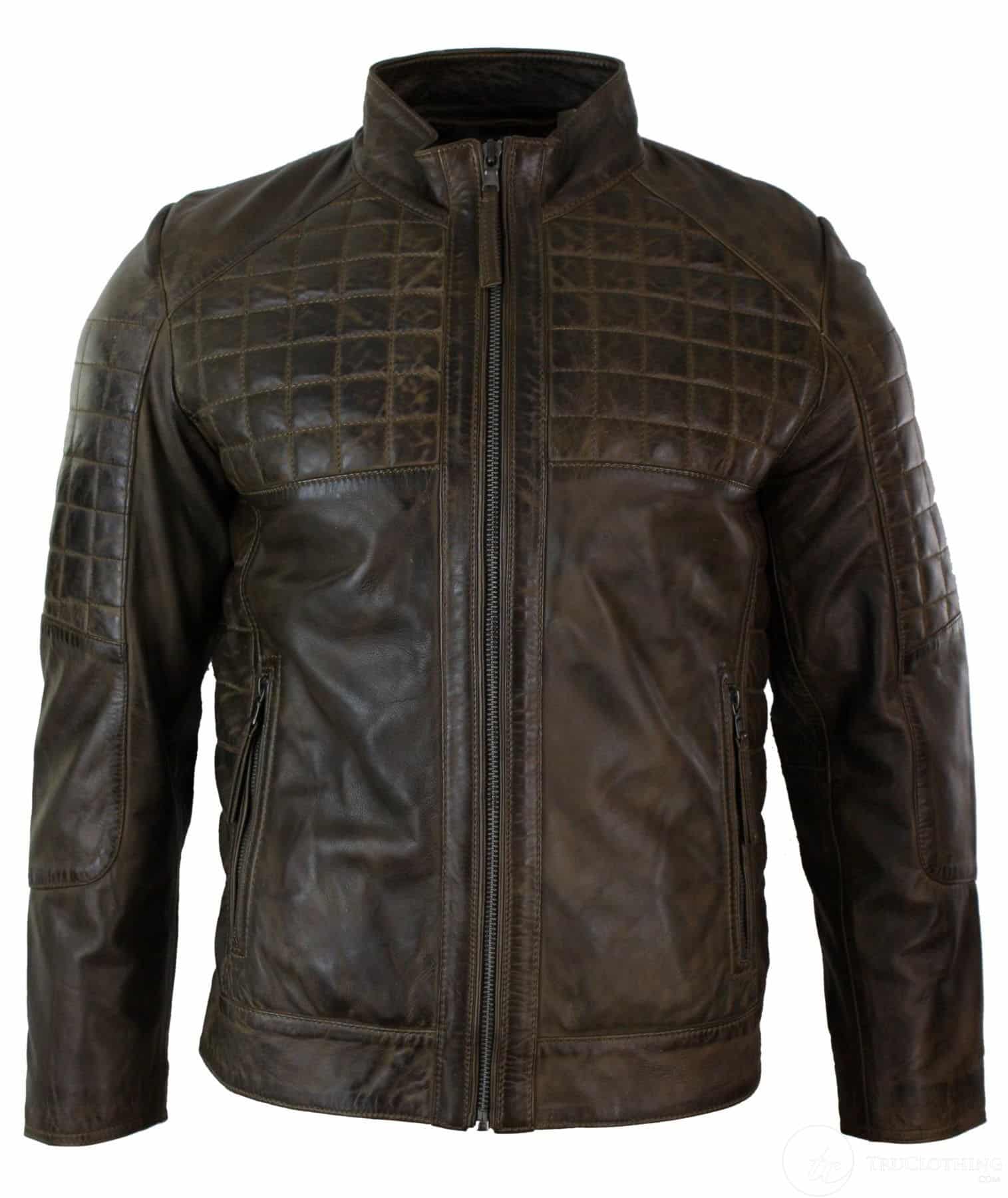 Chaqueta de motorista para hombre de cuero auténtico, corte entallado, con cremallera y costuras de diseño - Marrón