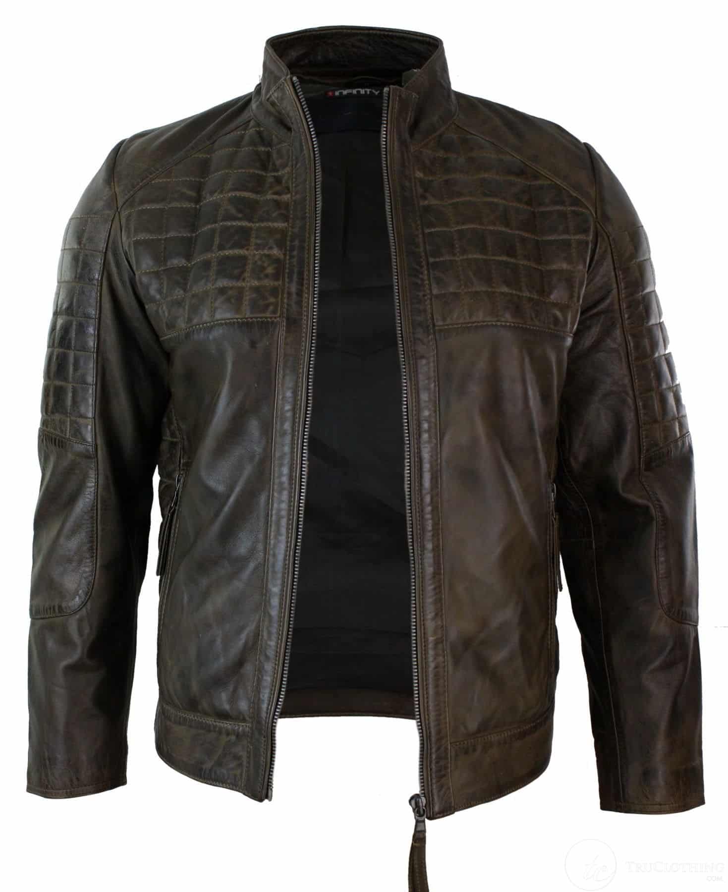 Chaqueta de motorista para hombre de cuero auténtico, corte entallado, con cremallera y costuras de diseño - Marrón