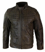Chaqueta de motorista para hombre de cuero auténtico, corte entallado, con cremallera y costuras de diseño - Marrón