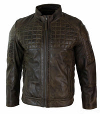 Chaqueta de motorista para hombre de cuero auténtico, corte entallado, con cremallera y costuras de diseño - Marrón
