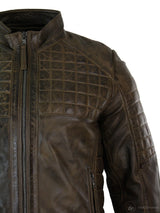 Chaqueta de motorista para hombre de cuero auténtico, corte entallado, con cremallera y costuras de diseño - Marrón
