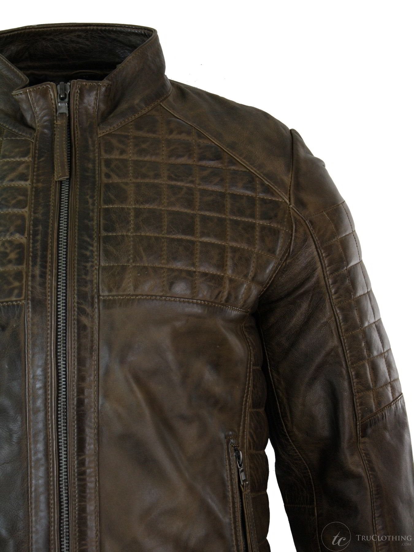 Chaqueta de motorista para hombre de cuero auténtico, corte entallado, con cremallera y costuras de diseño - Marrón