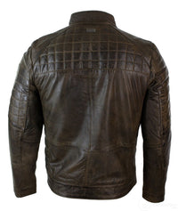 Chaqueta de motorista para hombre de cuero auténtico, corte entallado, con cremallera y costuras de diseño - Marrón